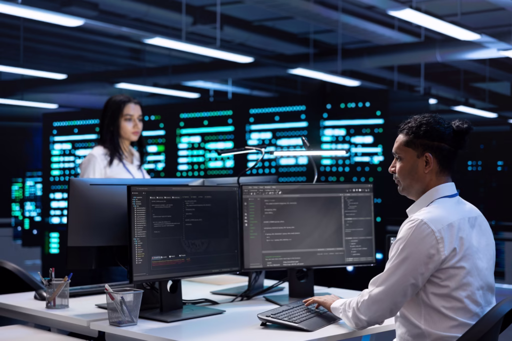 Coworkers in data center using computers to find firewall misconfigurations